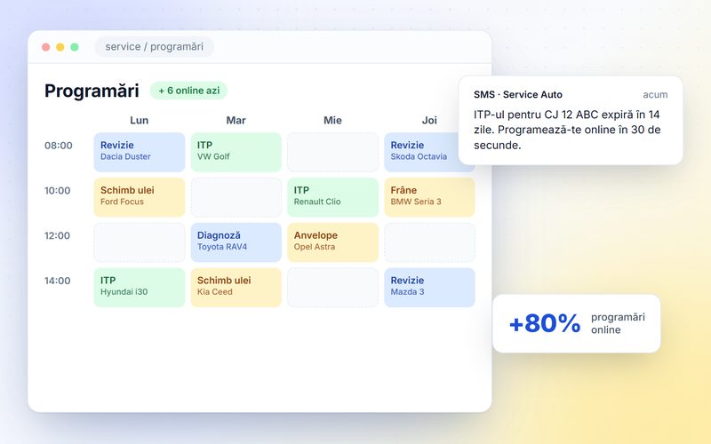 Service auto: calendar de programări online și reminder SMS pentru ITP