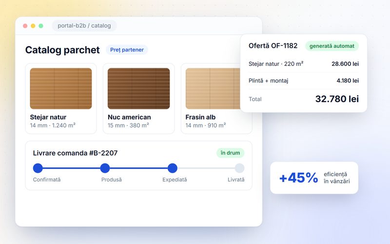 Portal B2B pentru producător de parchet: catalog, ofertă generată automat și urmărirea livrării