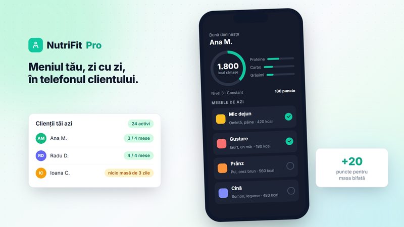 NutriFit Pro, aplicația pentru cabinete de nutriție: meniul zilei în telefonul clientului