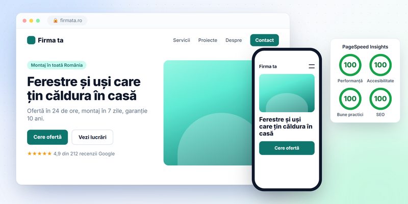 Site de prezentare rapid pe desktop și telefon, cu scor 100 în PageSpeed Insights
